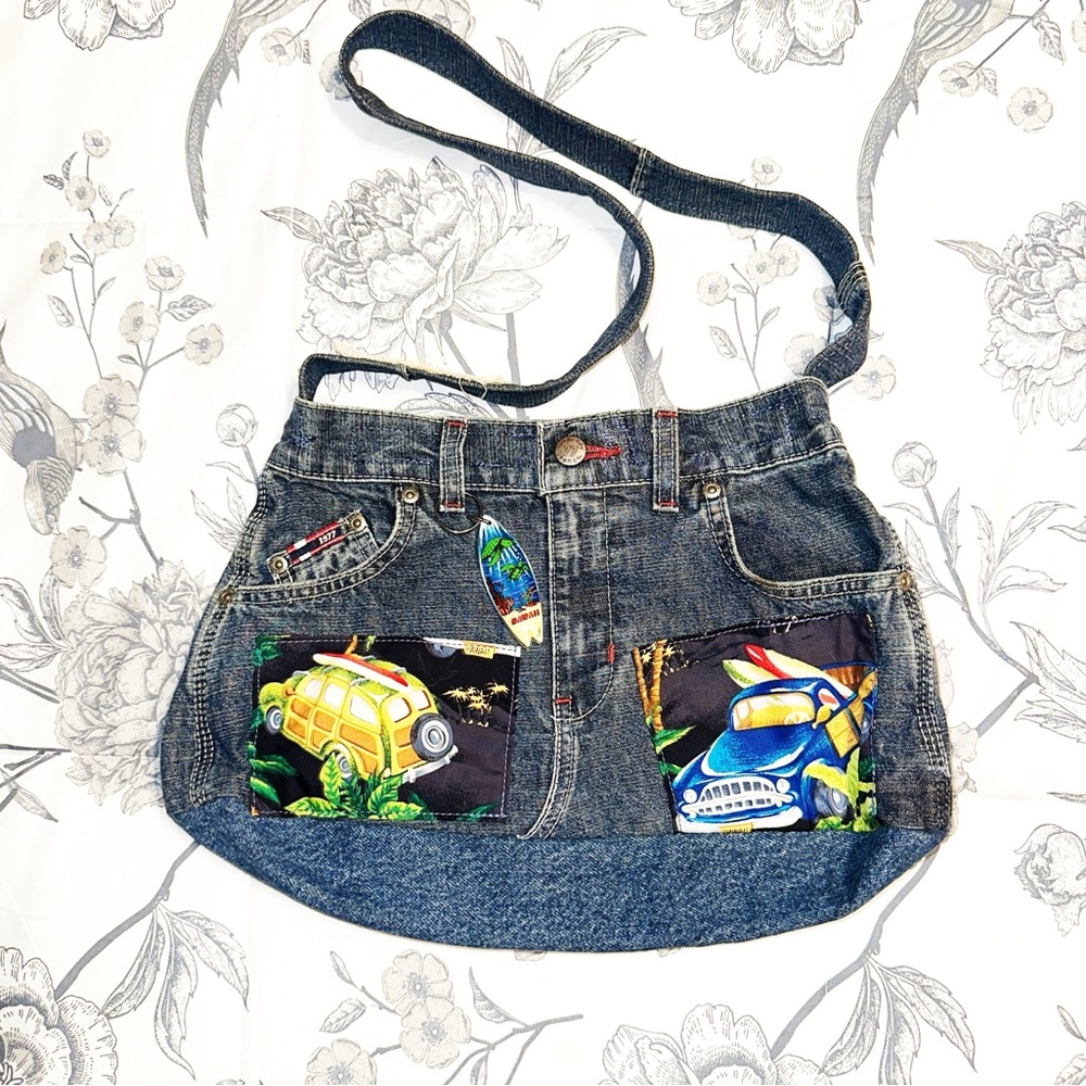 Denim Crossbody Bunny Bag with Colorful Car Design NWOT